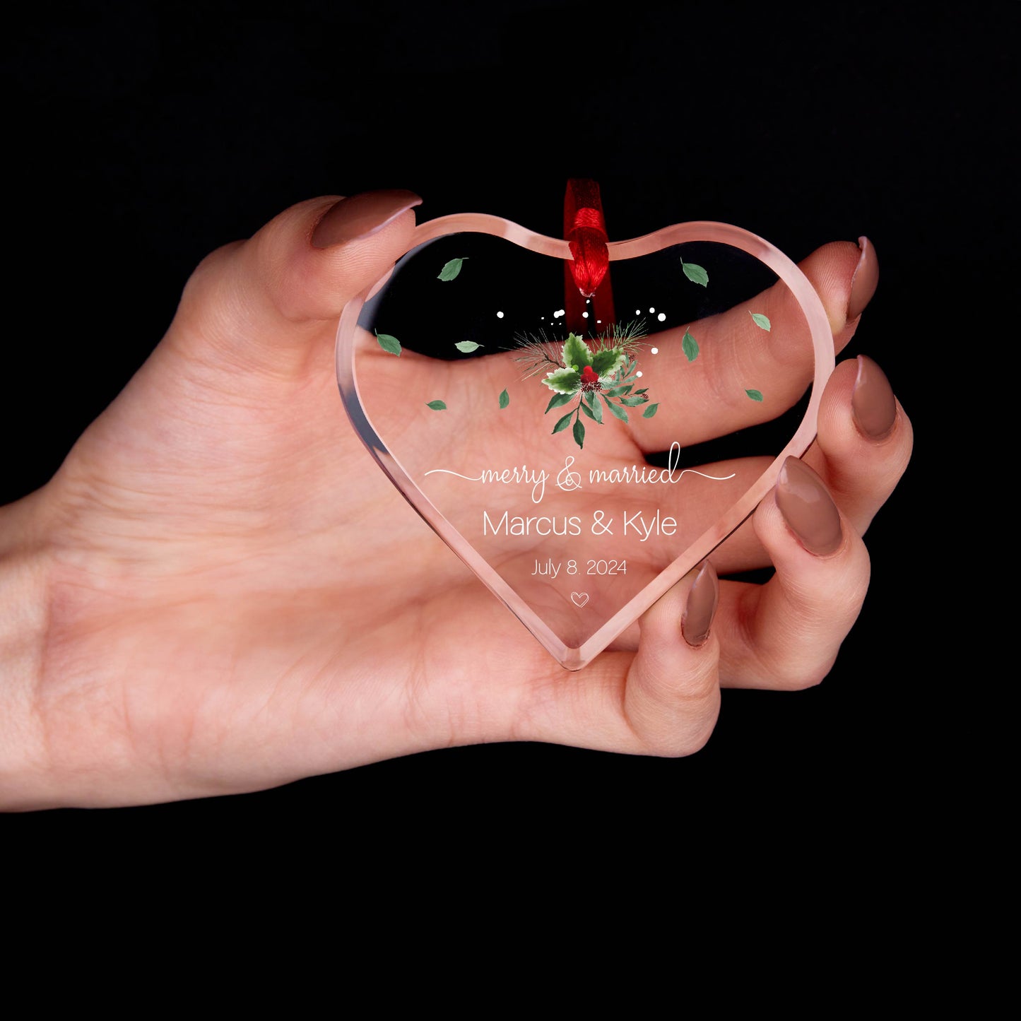 Personalized Merry and Married Heart Christmas Ornament