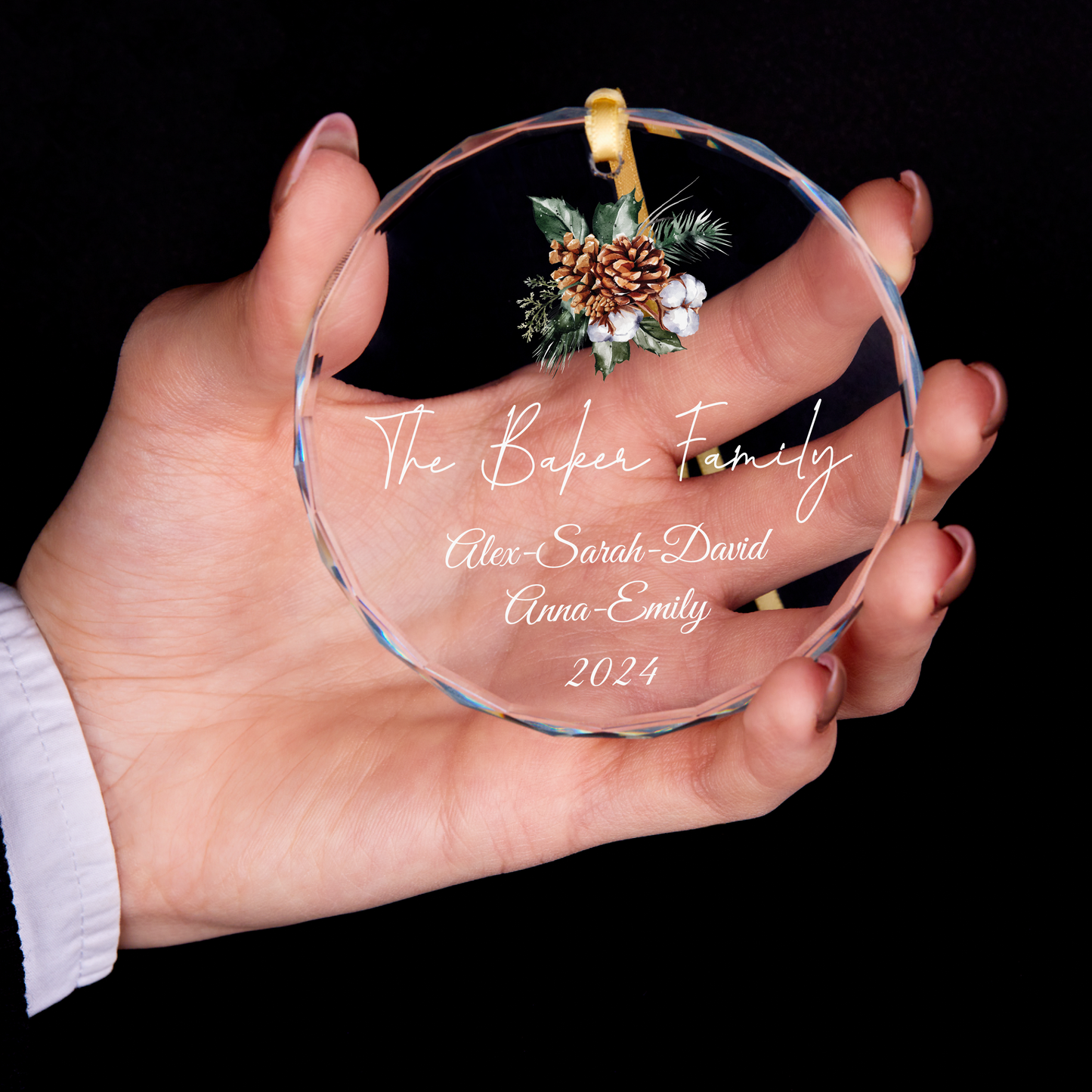 Personalized 2024 Family Christmas Ornament • Cone Design Glass Ornament