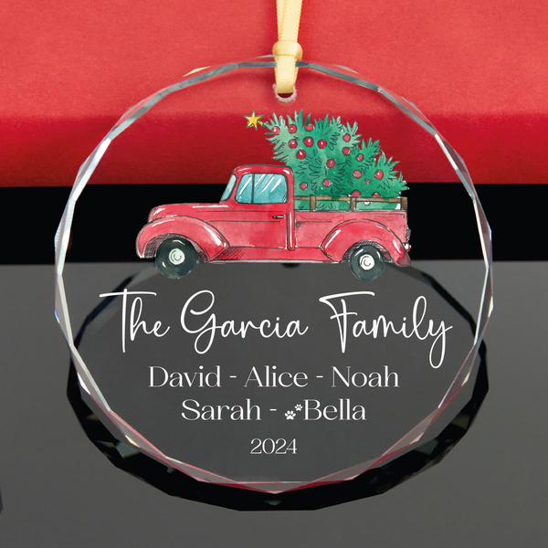 Red Truck Family Ornament with Pet Names