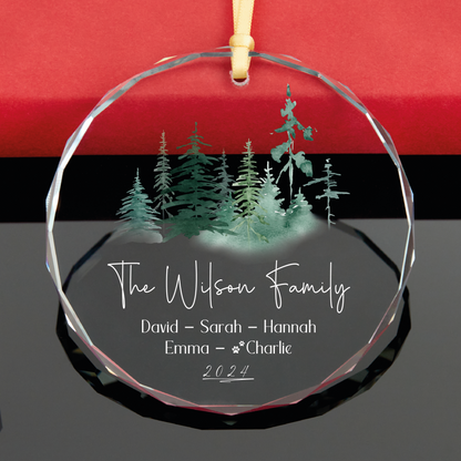 Personalized Family Christmas Ornament with Pet Names, Family Keepsake, Forest Glass Ornament