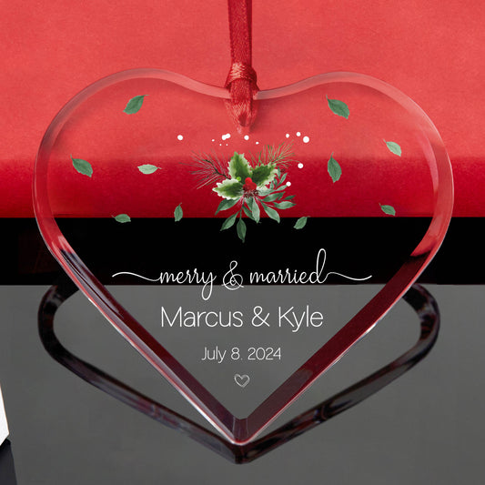 Personalized Merry and Married Heart Christmas Ornament