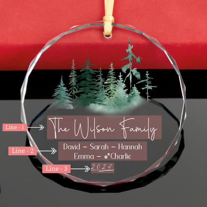 Personalized Family Christmas Ornament with Pet Names, Family Keepsake, Forest Glass Ornament