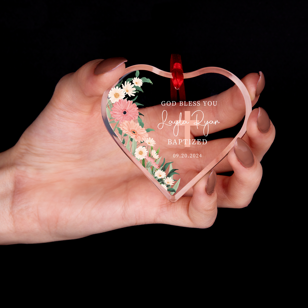 Gerbera Heart Baptism Ornament