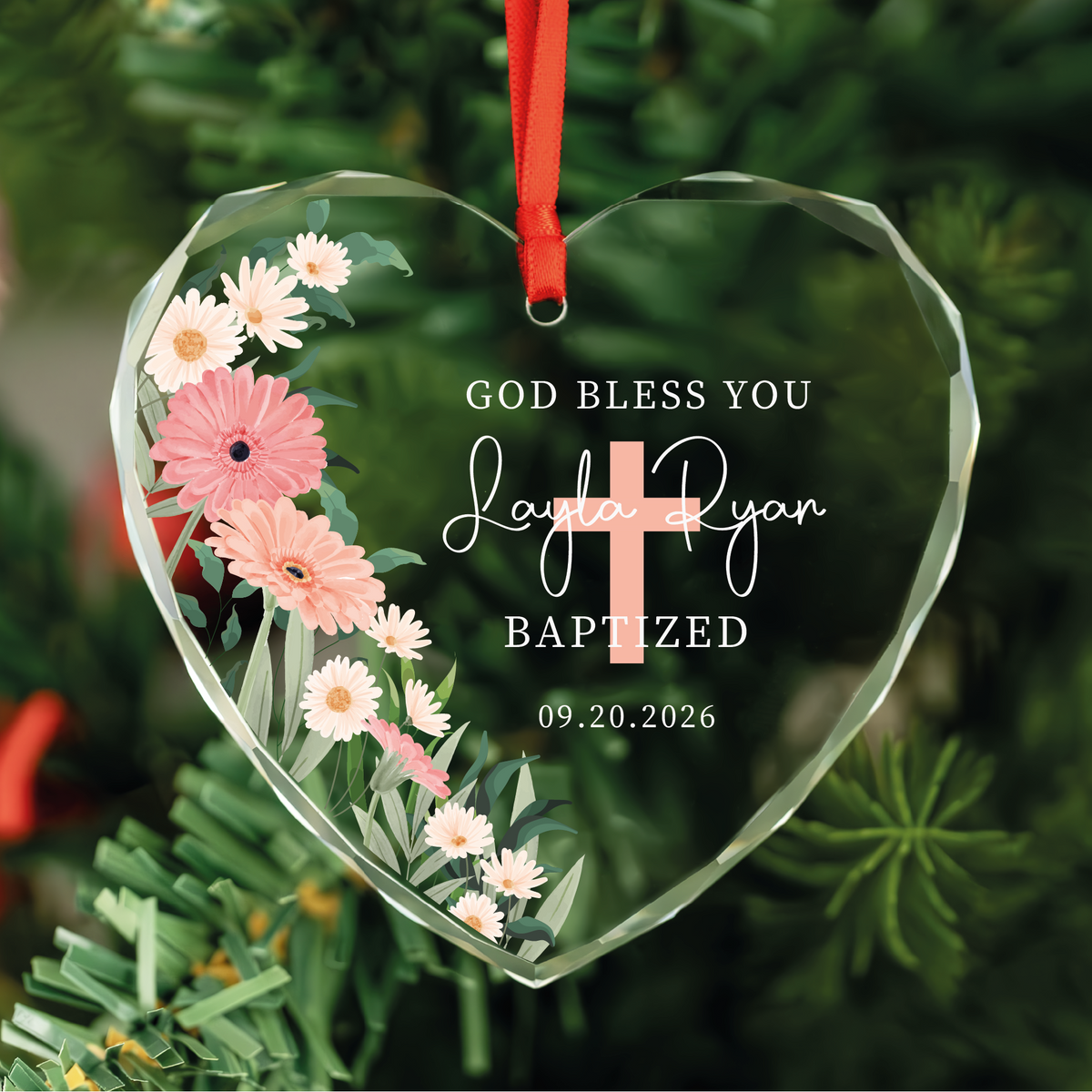 Personalized Baptism Heart Glass Ornament