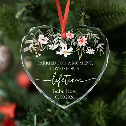 Personalized Floral Baby Memorial Heart Glass Ornament