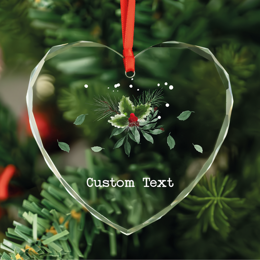Custom Text Floral Heart Glass Ornament
