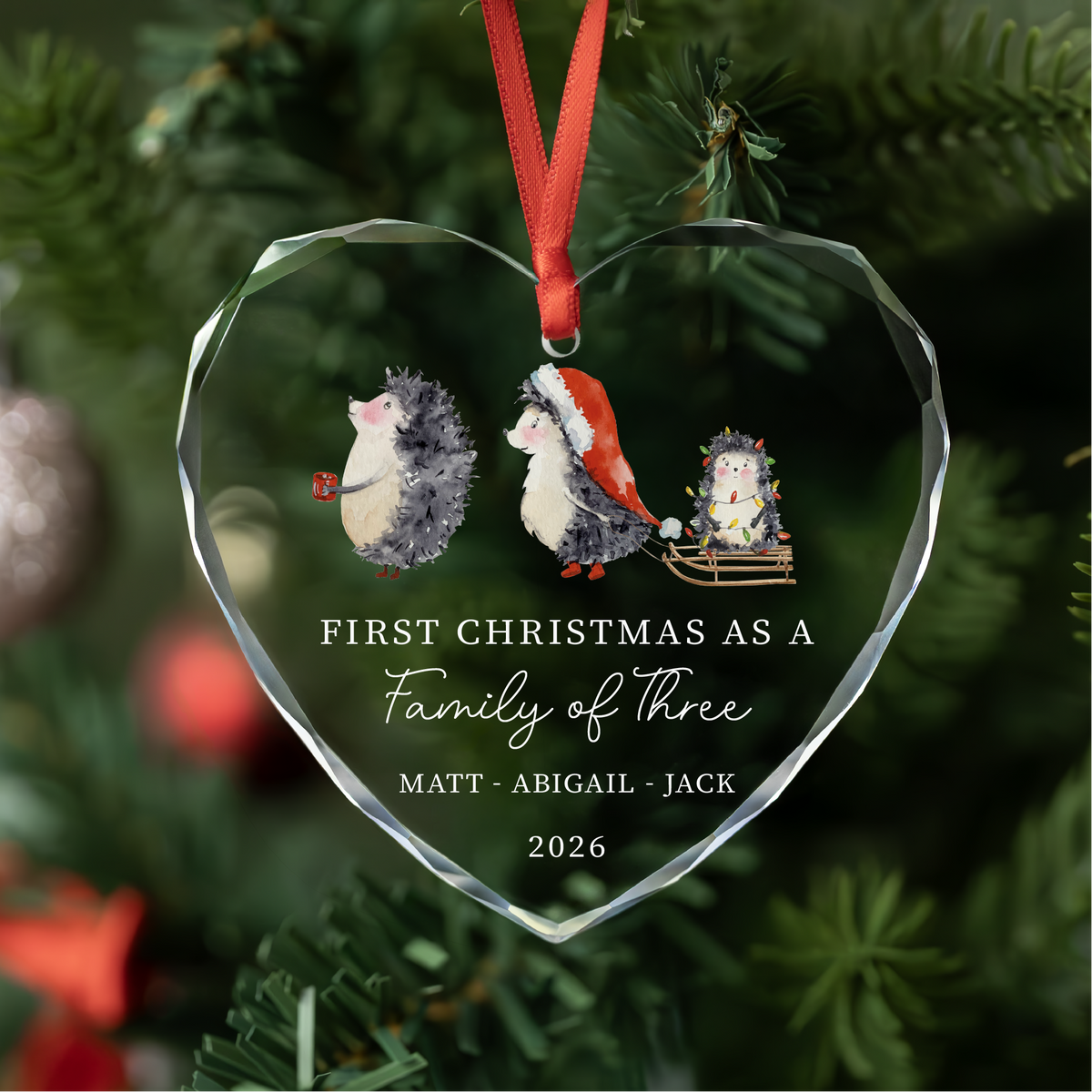 Personalized Family of Three Heart Glass Ornament