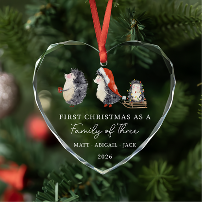 Personalized Family of Three Heart Glass Ornament