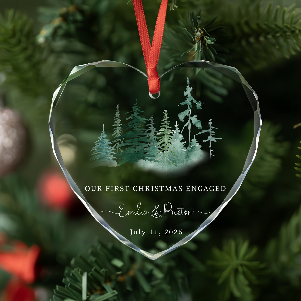 Personalized Heart First Christmas Engaged Glass Ornament