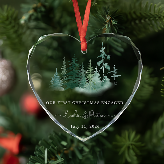 Personalized Heart First Christmas Engaged Glass Ornament