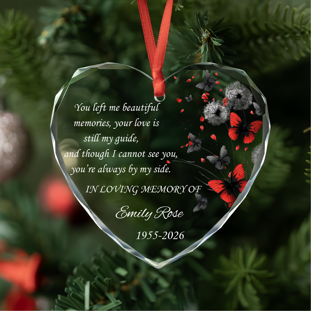 Personalized Red Butterfly Memorial Heart Glass Ornament