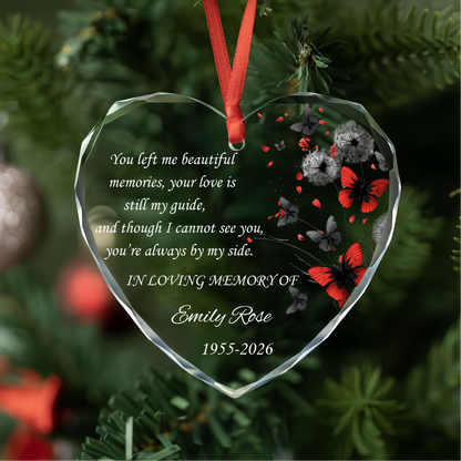 Personalized Red Butterfly Memorial Heart Glass Ornament