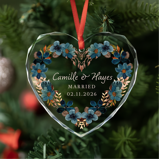 Personalized Watercolor Blue Heart First Christmas Married Ornament
