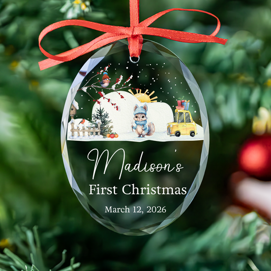 Personalized Baby's First Christmas Ornament with Name Circle and Birth Stats Sign