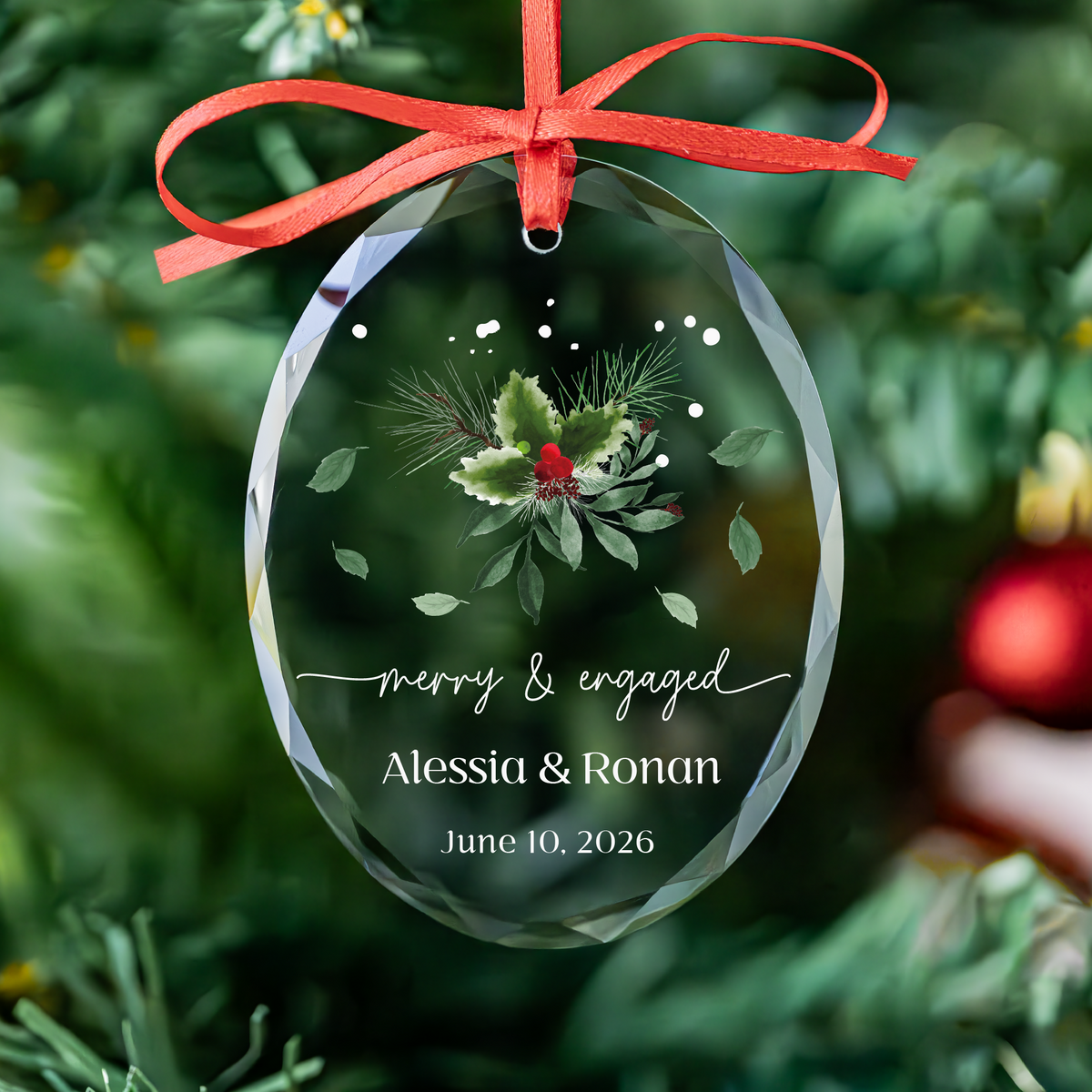 Personalized Merry Engaged Oval Glass Ornament