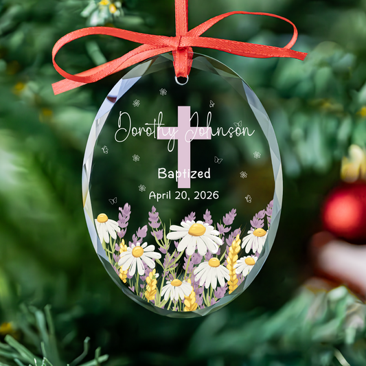 Personalized Baby Girl Baptism Ornament with Daisy Flowers and Pink Cross