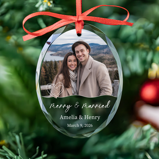 Personalized Merry and Married Ornament with Names and Wedding Date