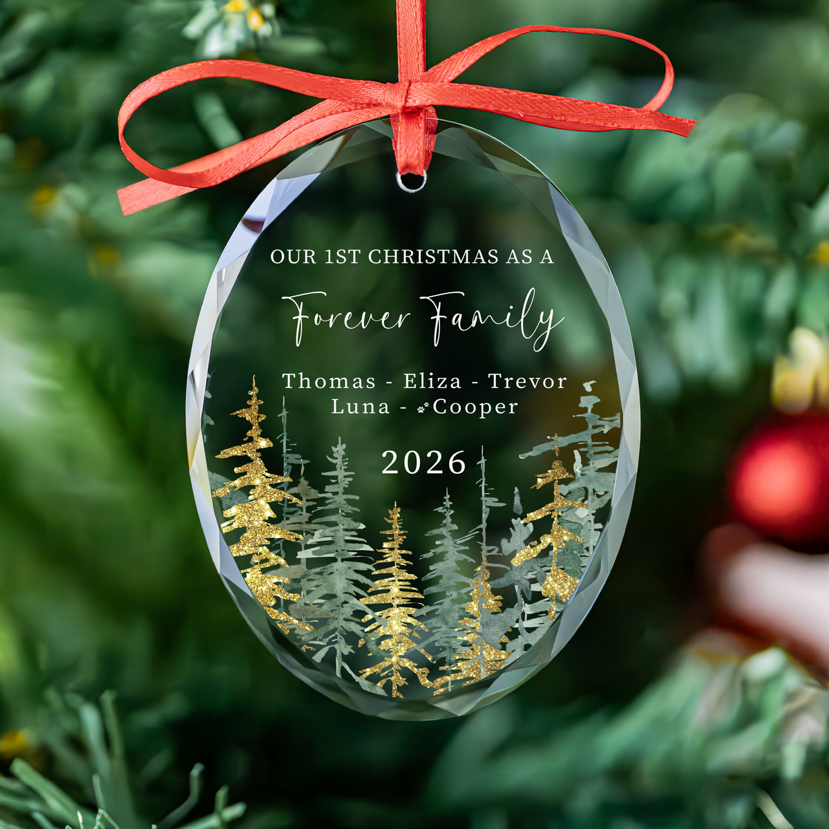 Personalized oval family Christmas glass ornament with names and pets