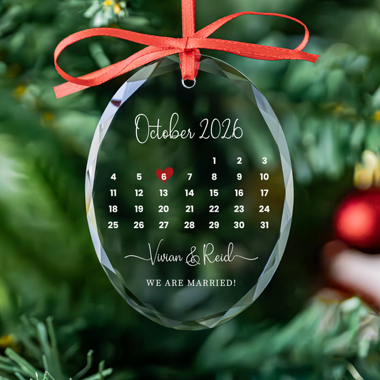 Personalized First Christmas Engaged Calendar Glass Ornament
