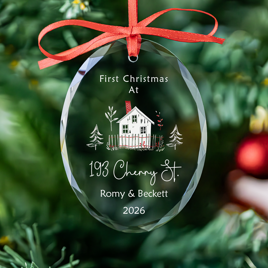 Personalized oval new home Christmas glass ornament