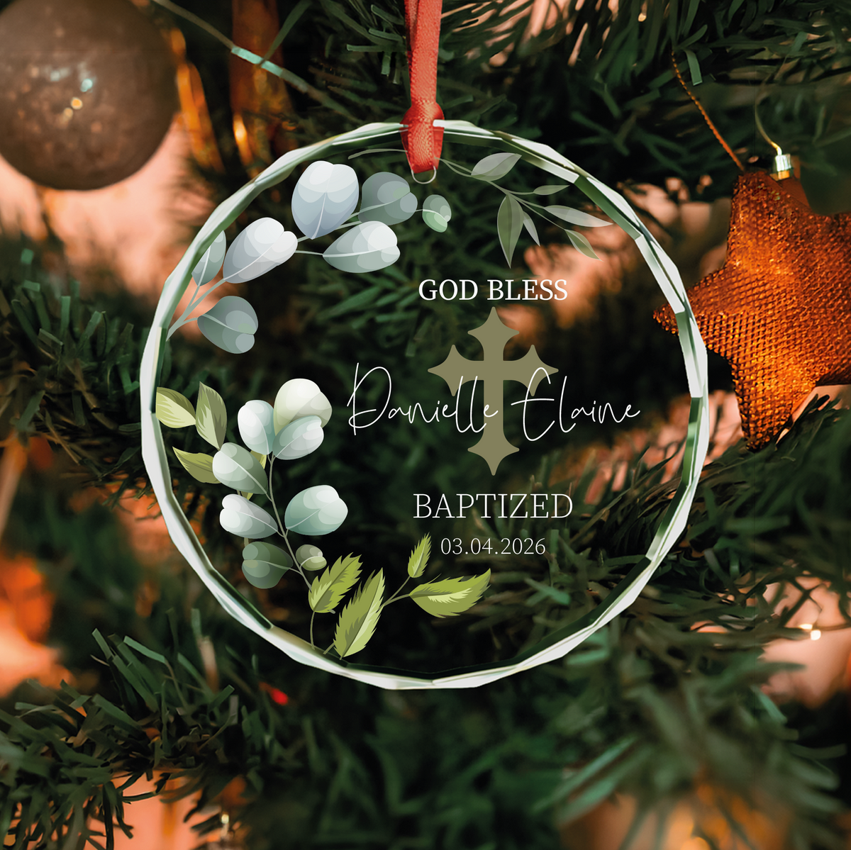 God Bless Eucalyptus Baptism Ornament