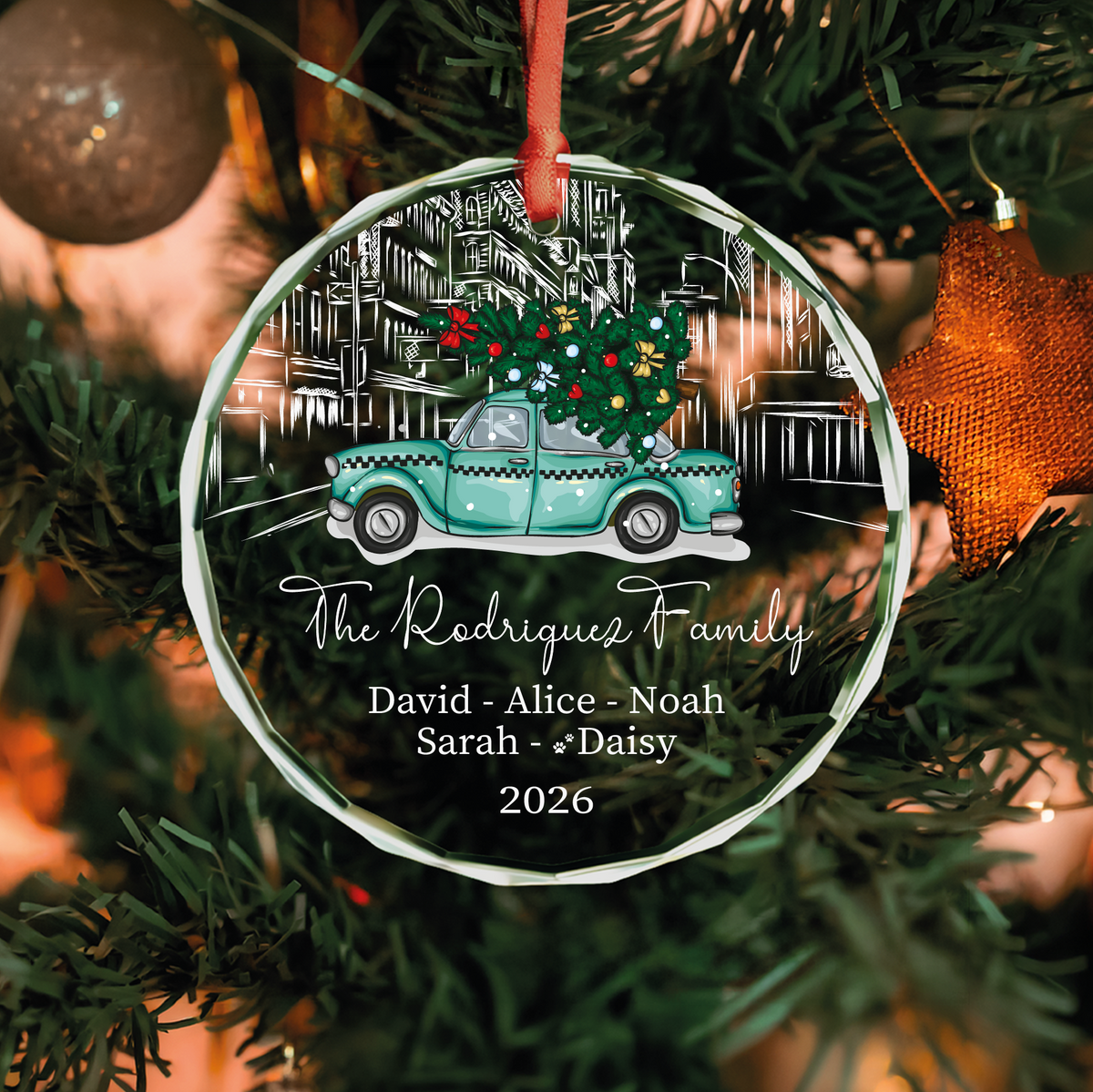 Teal Truck Family Ornament