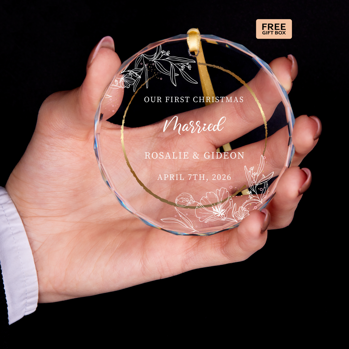 Gold Line Floral Engaged Ornament