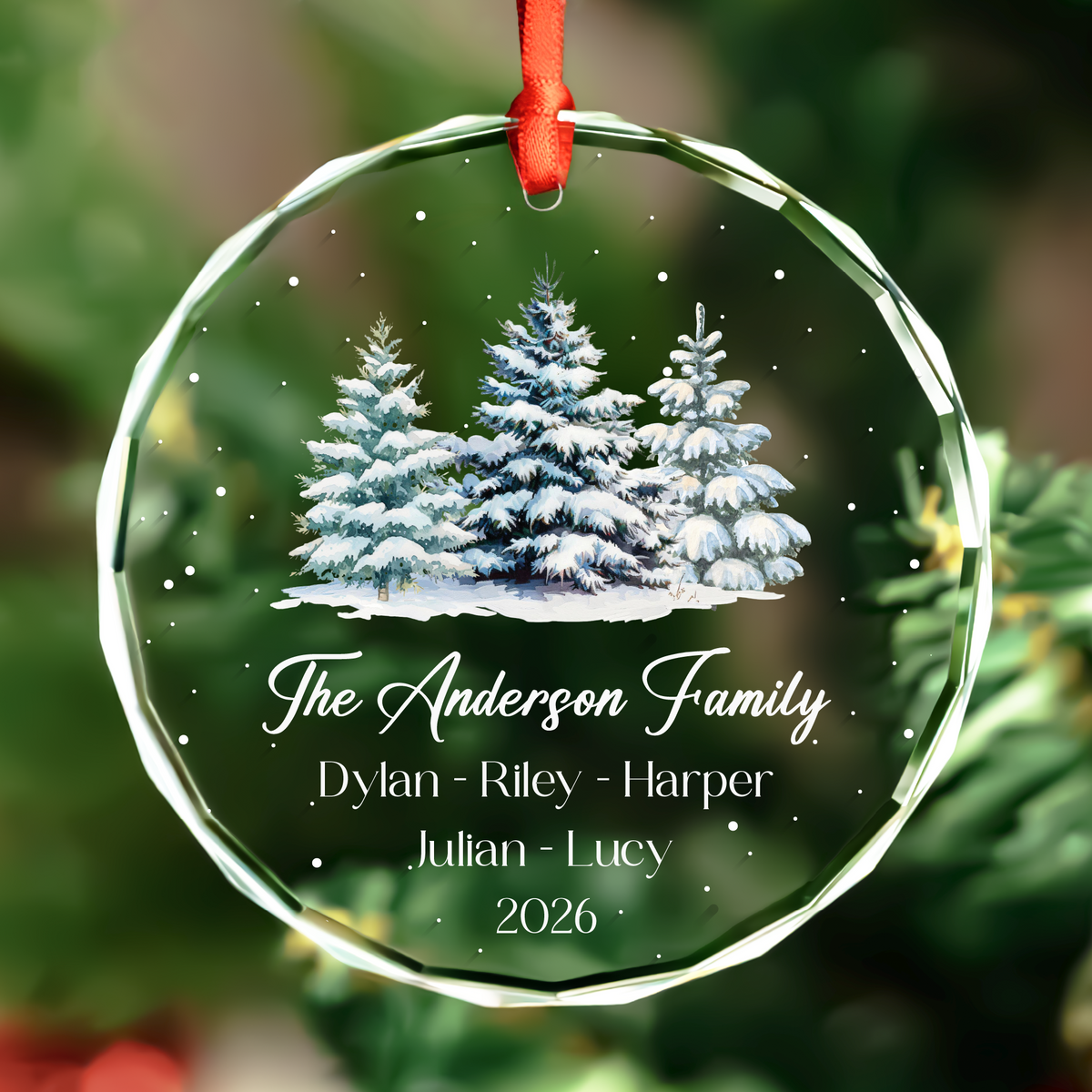 Snowy Forest Family Ornament with Pet Names