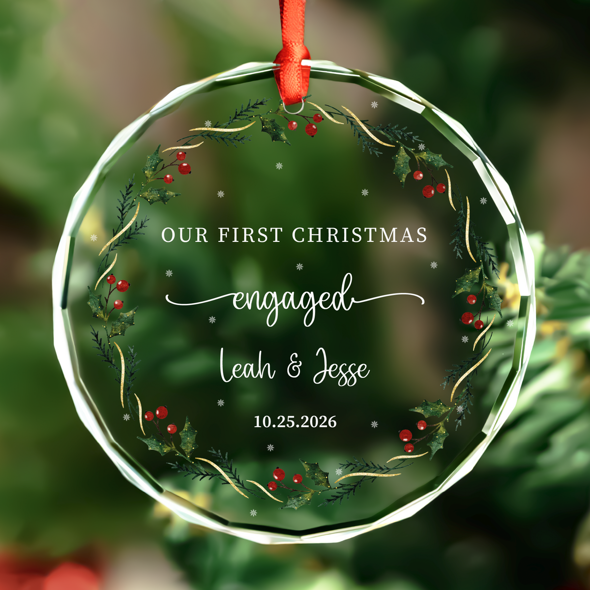 Personalized Floral Engaged Glass Ornament