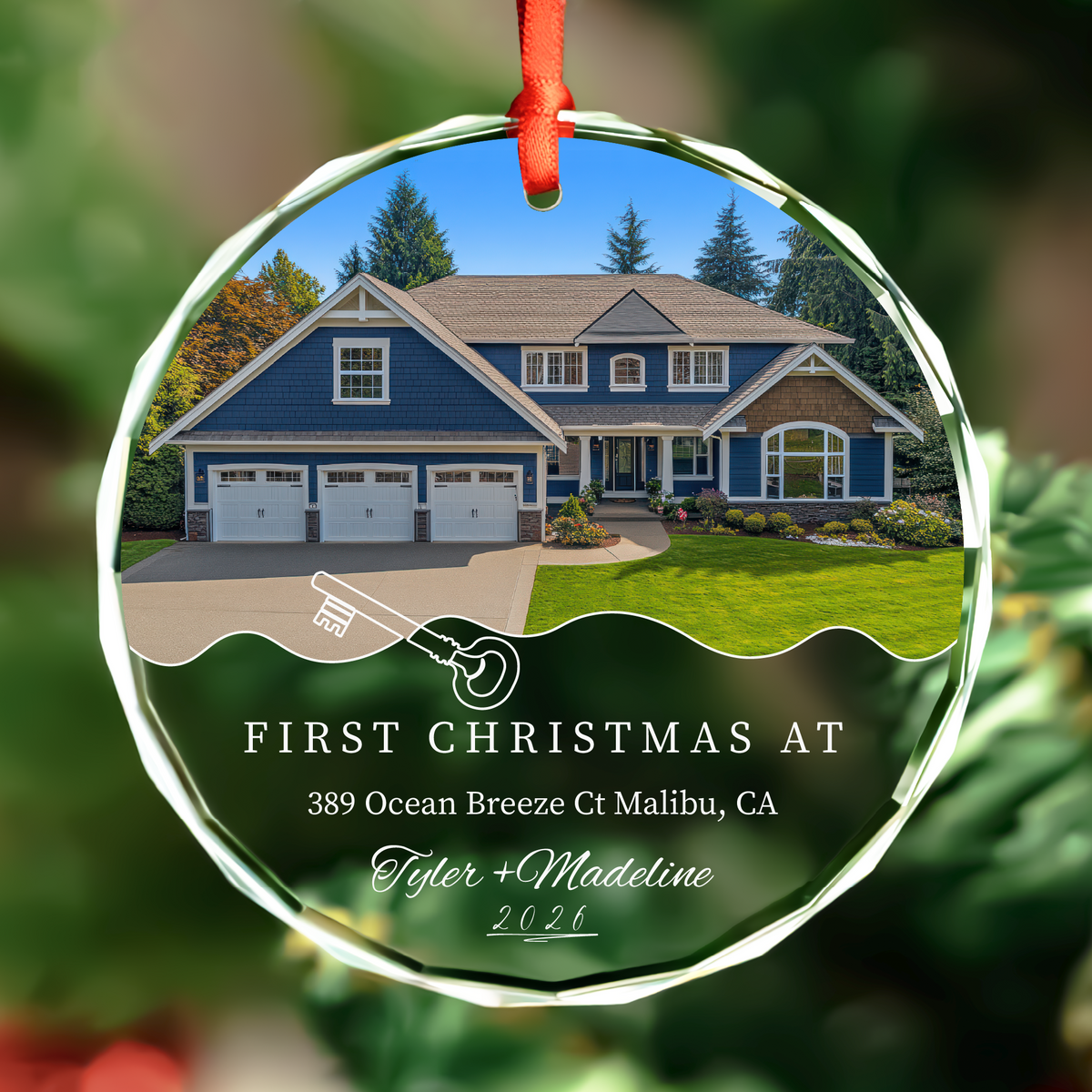Personalized round photo new home glass ornament for new homeowners