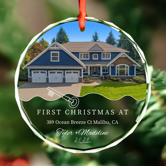 Personalized round photo new home glass ornament for new homeowners