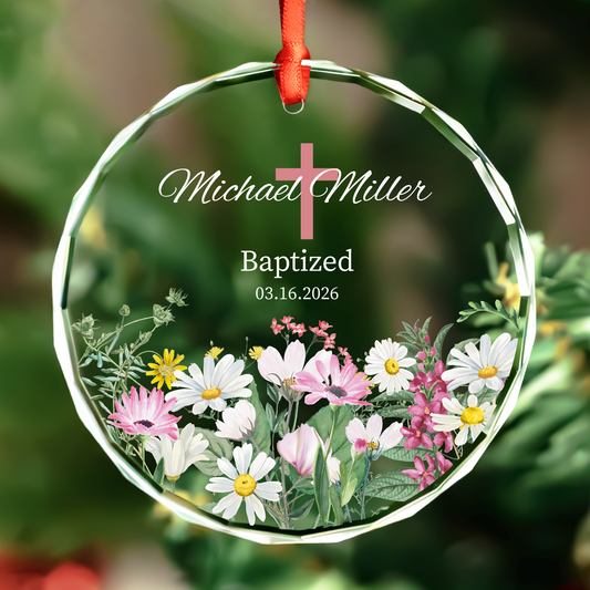 Personalized Baby Girl Baptism Ornament with Flowers