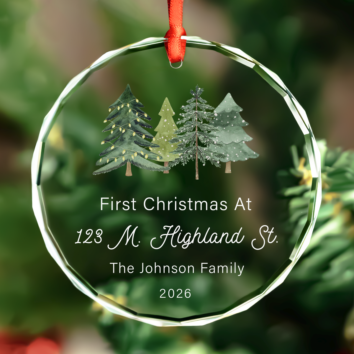 Personalized our new home round Christmas glass ornament