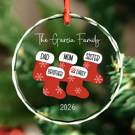 Personalized round family Christmas glass ornament with pet names