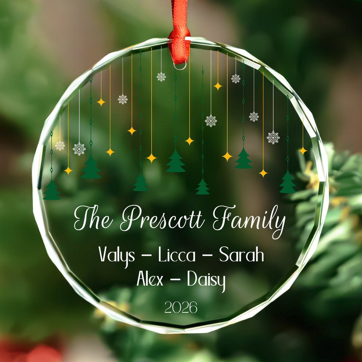 Personalized family glass Christmas ornament with pet name