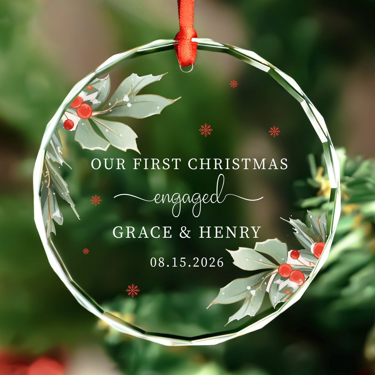Personalized Floral Engaged Round Glass Christmas Ornament