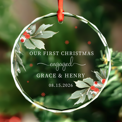 Personalized Floral Engaged Round Glass Christmas Ornament