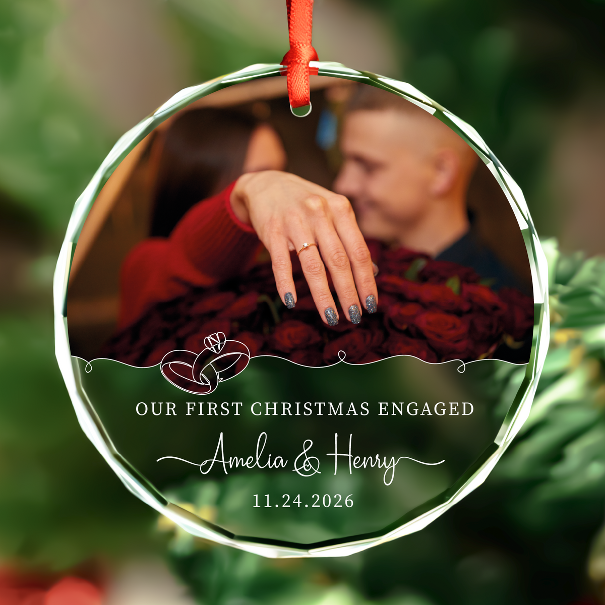 Personalized Engaged Photo Ornament with Ring Design
