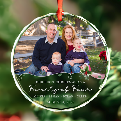 Our First Christmas as a Family of Three Photo Ornament, Teal Holly Design with Names and Date