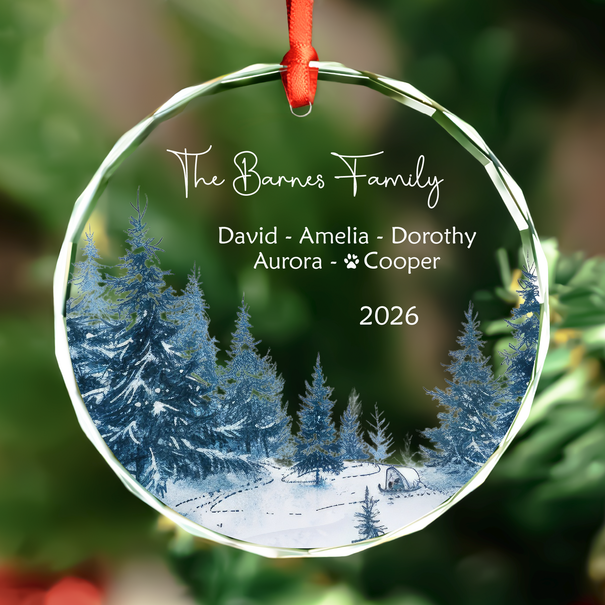 Personalized round family name Christmas glass ornament with pet names