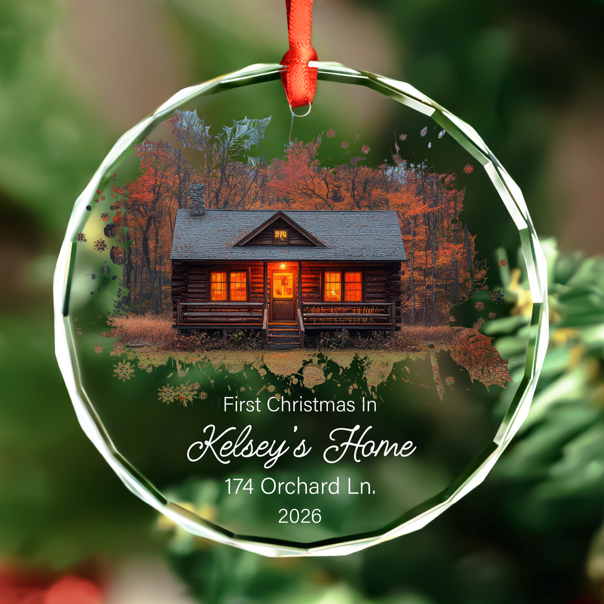 Personalized round photo new home glass ornament
