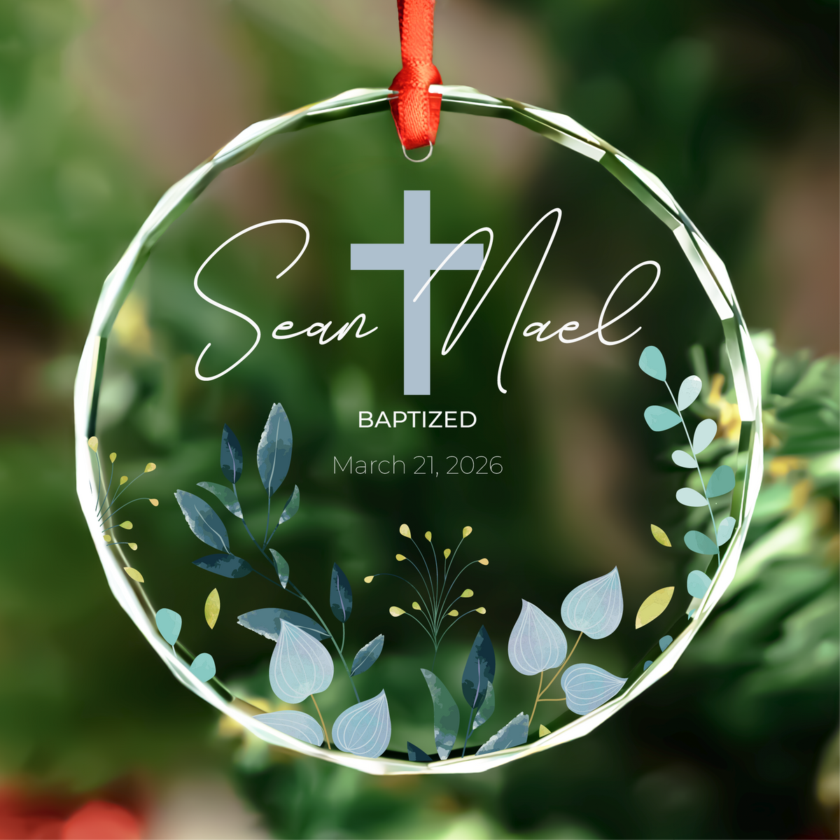 Personalized Baby Baptism Ornament with Cross and Eucalyptus