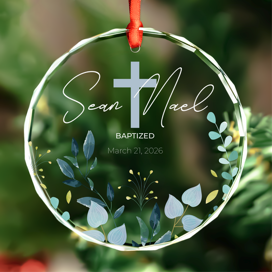 Personalized Baby Baptism Ornament with Cross and Eucalyptus