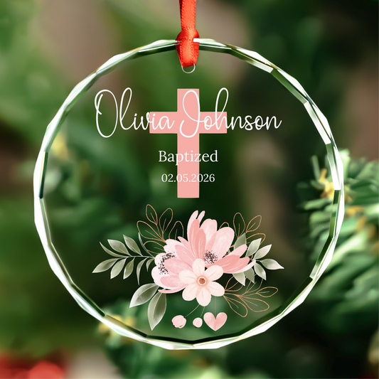 Personalized Baby Girl Baptism Ornament with Flower and Cross