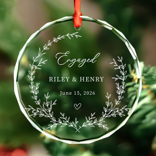 Personalized Flower Design Engaged Glass Ornament