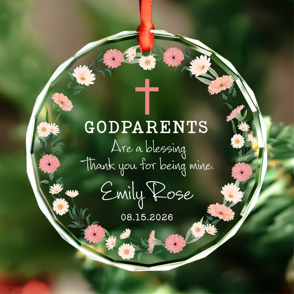 Personalized Godparents Baptism Ornament with Pink Flowers