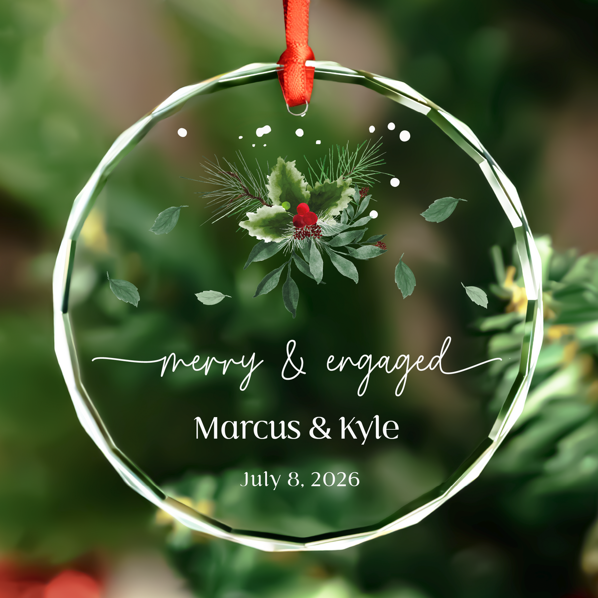 Holly Heart Merry & Engaged Ornament