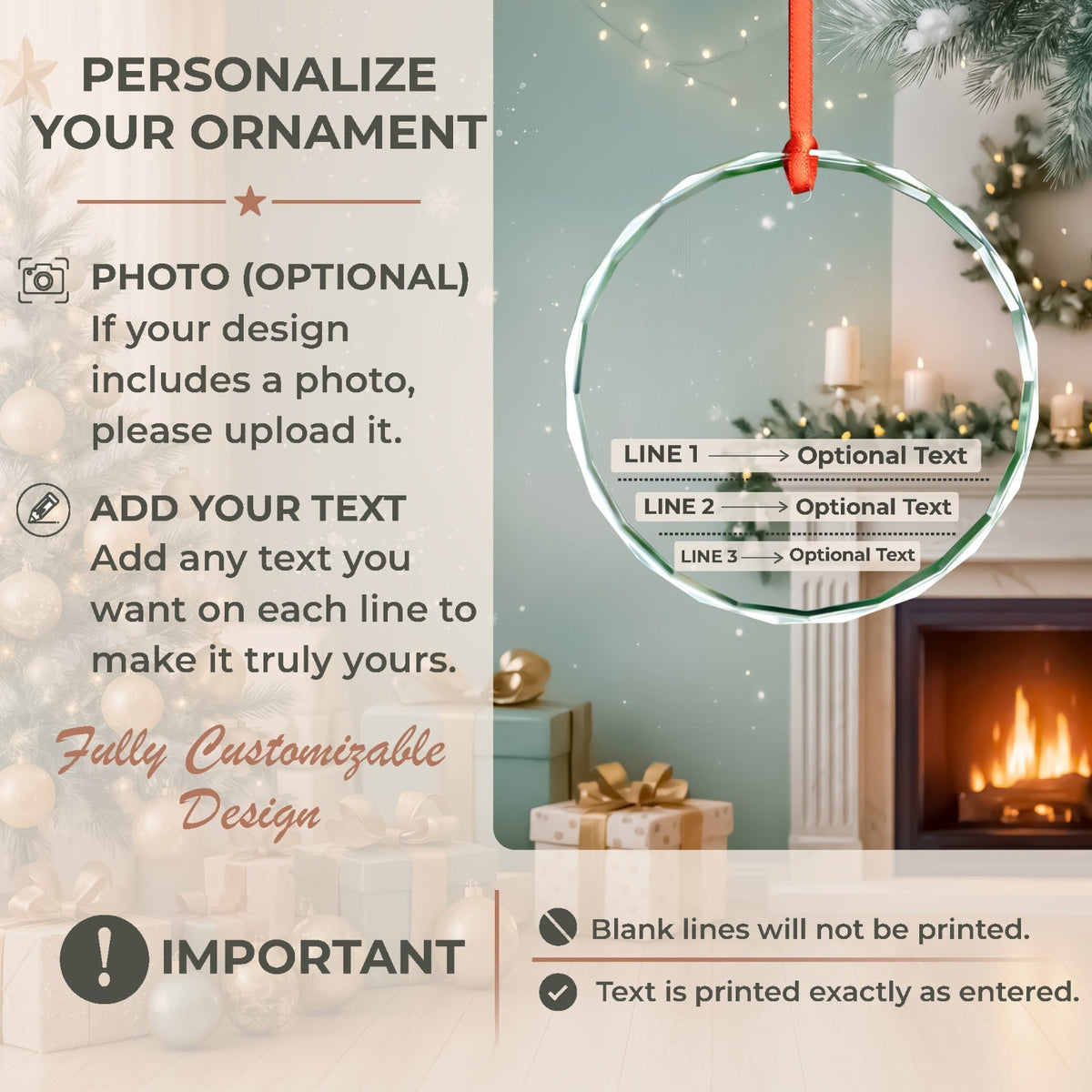 How to personalize your glass ornament: add a photo and up to three lines of text