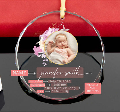 Baby Girl Photo Ornament • Birth Stats Ornament • 2023 Baby's First Christmas Ornament • Baby Info Ornament 