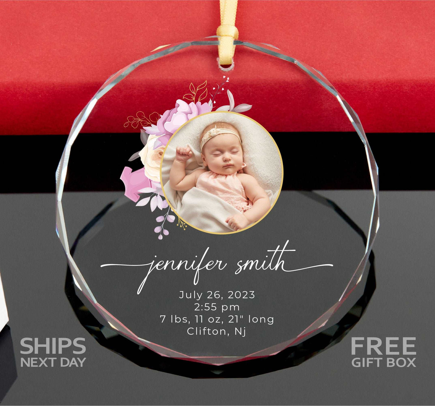 Baby Girl Photo Ornament • Birth Stats Ornament • 2023 Baby's First Christmas Ornament • Baby Info Ornament 